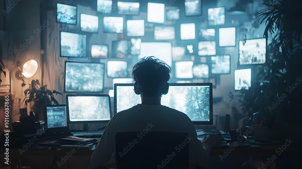 Cyber Security Specialist Working Late Night in Office - Illustration Cyber Security Specialist Working Late Night in Office - Illustration