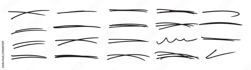 hand-drawn set of underlines and highlight lines, Hand drawn strikethrough and squiggled lines, Pencil underlines, kids crayon strips, brush lines in sketch style. hand-drawn set of underlines and highlight lines, Hand drawn strikethrough and squiggled lines, Pencil underlines, kids crayon strips, brush lines in sketch style.