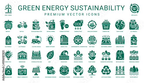 green energy sustainability icon set, green color renewable energy recycling eco-friendly lifestyle, efficient ecology eco