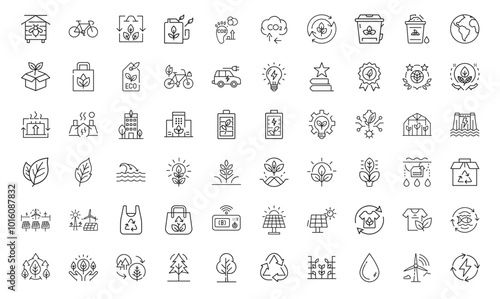 green energy sustainability line icons bundle, eco-friendly efficient ecology eco