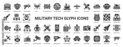 military technology themed icon collection, tanks aircraft weapons, security defense strategy combat