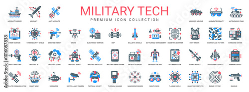 military technologies collection flat icons, ballistic armor biometric scanner management battlefield missile body