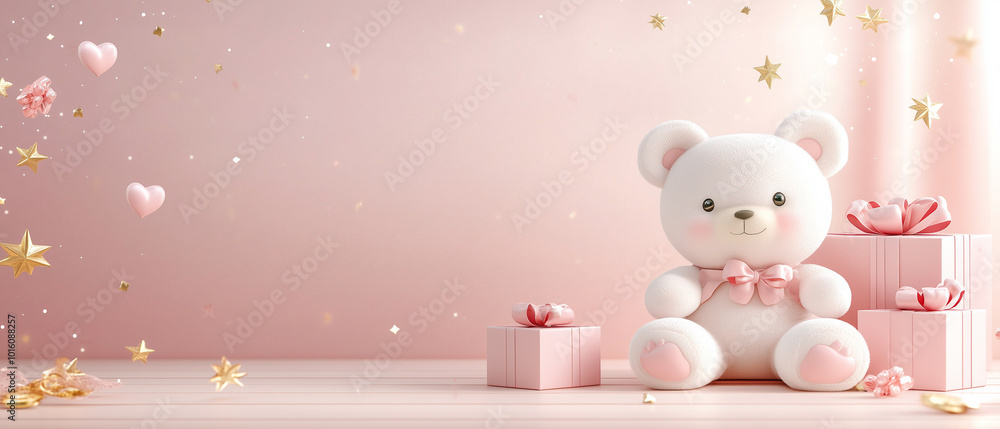 Cute Teddy Bear with Pink Gifts and Gold Stars. Cute Teddy Bear with Pink Gifts and Gold Stars.