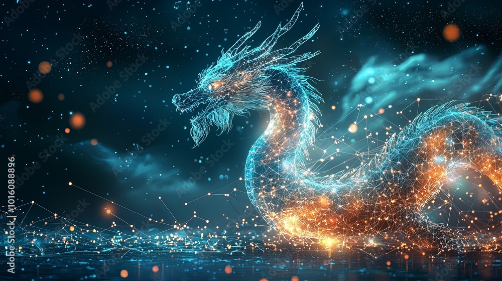 A celestial dragon bursts forth with a fiery, vibrant aura, illuminating the cosmic landscape with its radiant and powerful presence against the night sky. A celestial dragon bursts forth with a fiery, vibrant aura, illuminating the cosmic landscape with its radiant and powerful presence against the night sky.