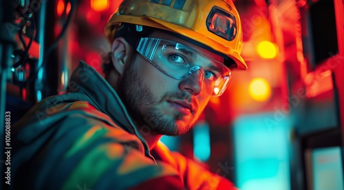 Portrait of Male Factory Worker Wearing Helmet and Safety Glasses Operating Industrial Machinery in Vibrant, Well-Lit Factory Environment