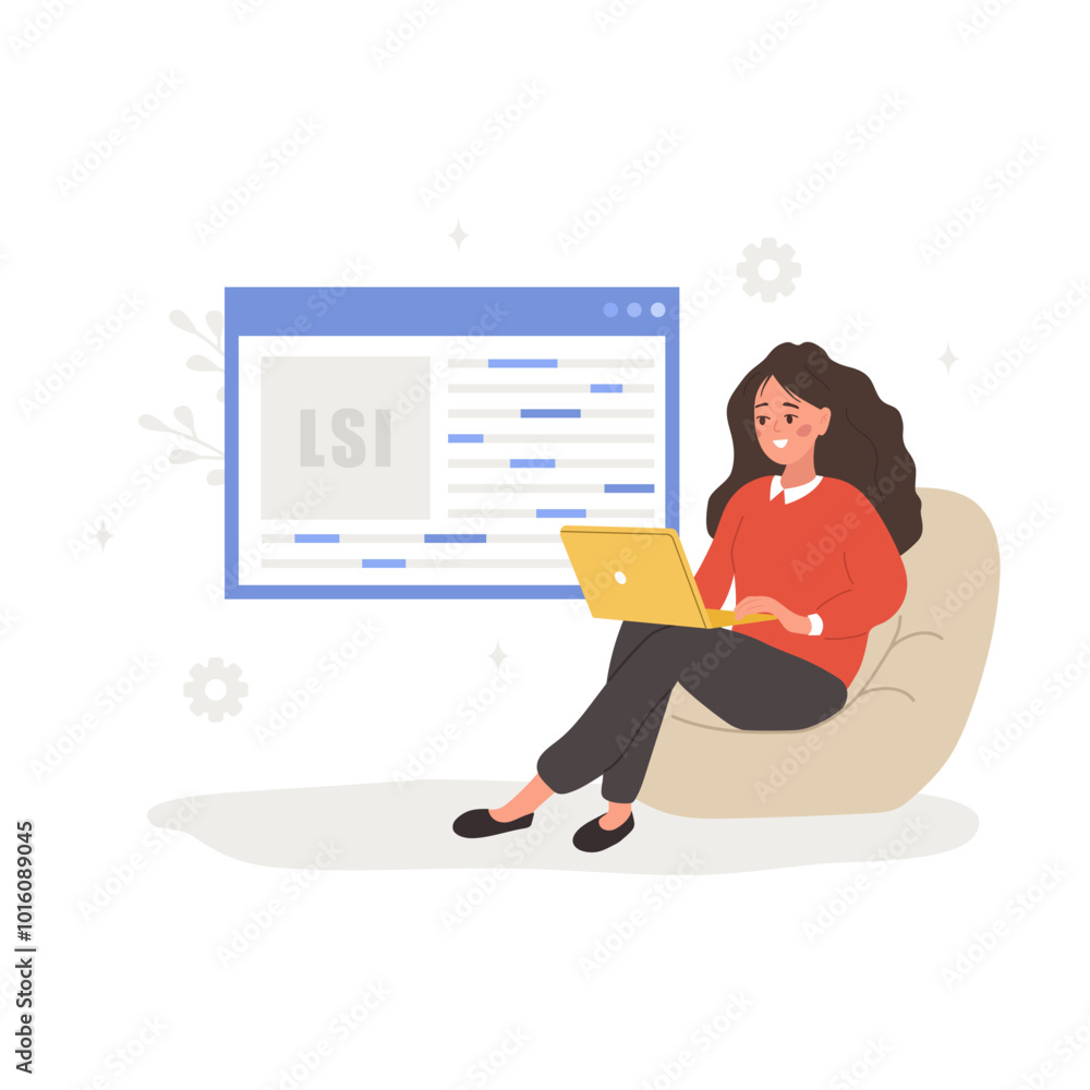 Lsi keyword. Latent Semantic Indexing. Key phrases generator. Vector illustration in flat cartoon style. Female character with laptop is engaged in Web analysis and word search optimization. Lsi keyword. Latent Semantic Indexing. Key phrases generator. Vector illustration in flat cartoon style. Female character with laptop is engaged in Web analysis and word search optimization.