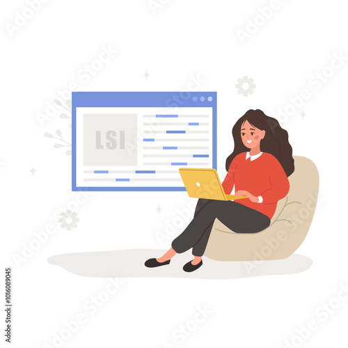 Lsi keyword. Latent Semantic Indexing. Key phrases generator. Vector illustration in flat cartoon style. Female character with laptop is engaged in Web analysis and word search optimization.