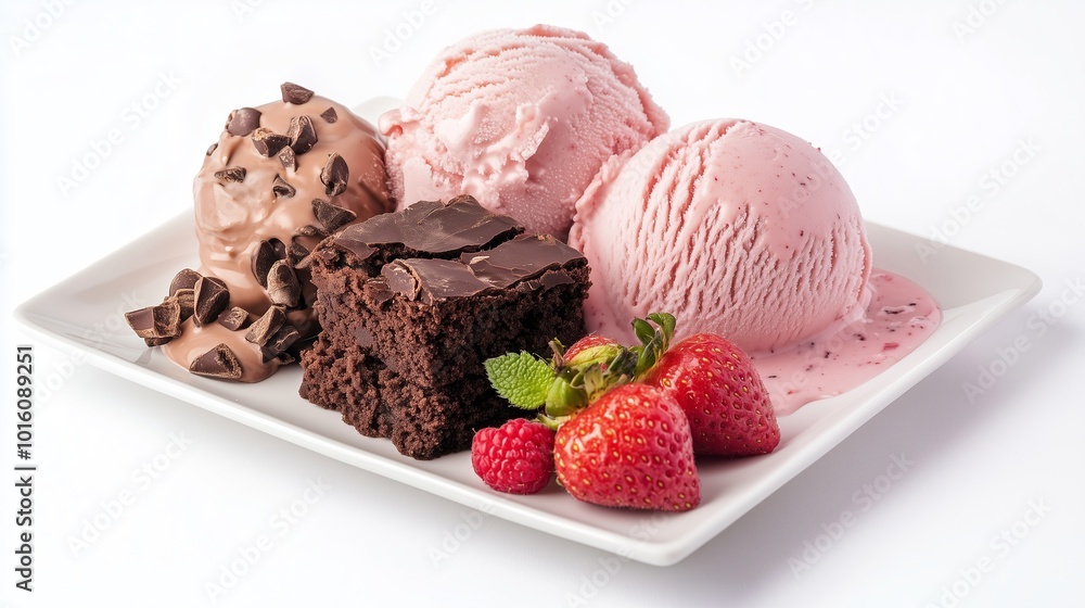 Delicious dessert platter featuring creamy strawberry and chocolate ice creams with brownie and fresh strawberries Delicious dessert platter featuring creamy strawberry and chocolate ice creams with brownie and fresh strawberries