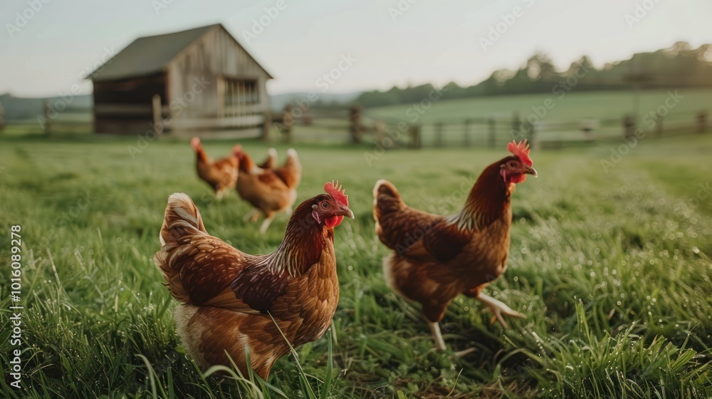 Fototapeta premium Brown Chickens in a Green Field with a Wooden House in the Background