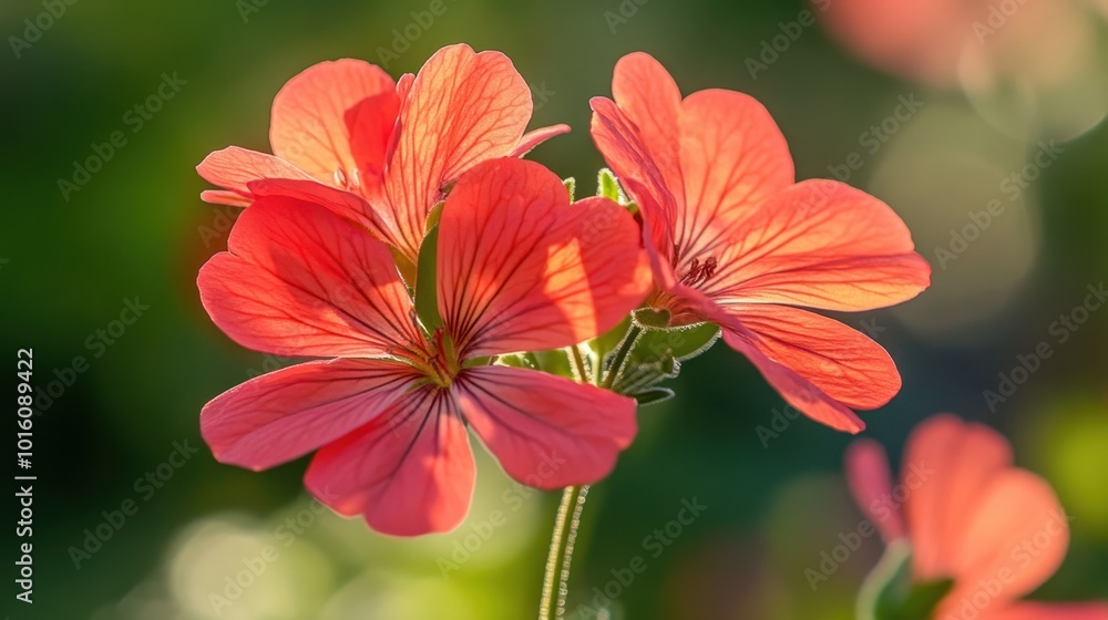 A macro shot of a red geranium flower, showing intricate petal details and subtle highlights in natural sunlight. A macro shot of a red geranium flower, showing intricate petal details and subtle highlights in natural sunlight.