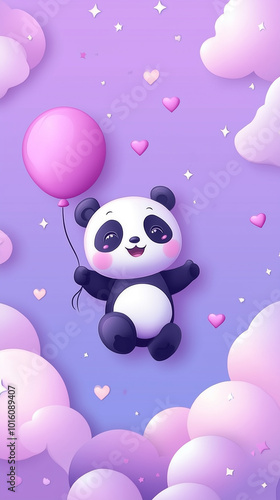 Cute Panda Holding Balloon in Clouds.