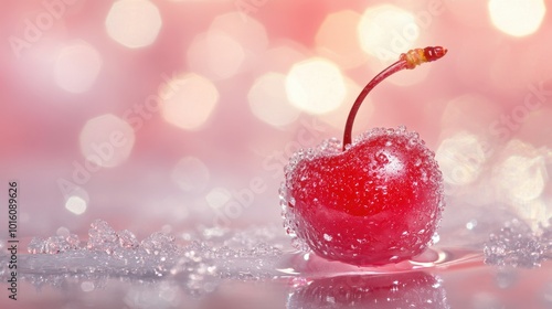 A macro shot of a red maraschino cherry resting on ice, with intricate reflections and tiny details captured beautifully.