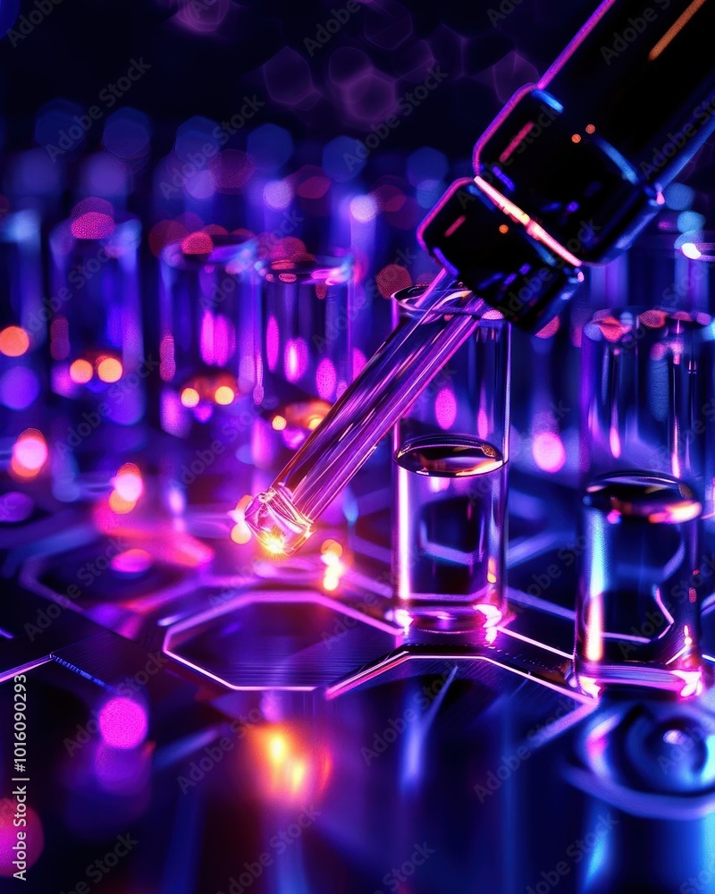Close-up of a dropper adding liquid to glowing test tubes in a laboratory setting. Close-up of a dropper adding liquid to glowing test tubes in a laboratory setting.