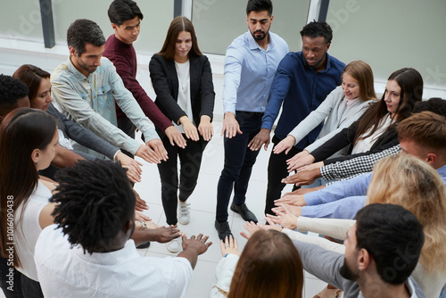 Photography Narrow banner of multiracial people stack hands motivated for shared business success or goal achievement