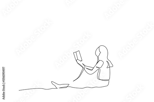 young beautiful woman reading a book on the park ground relax time happy life one line art design vector