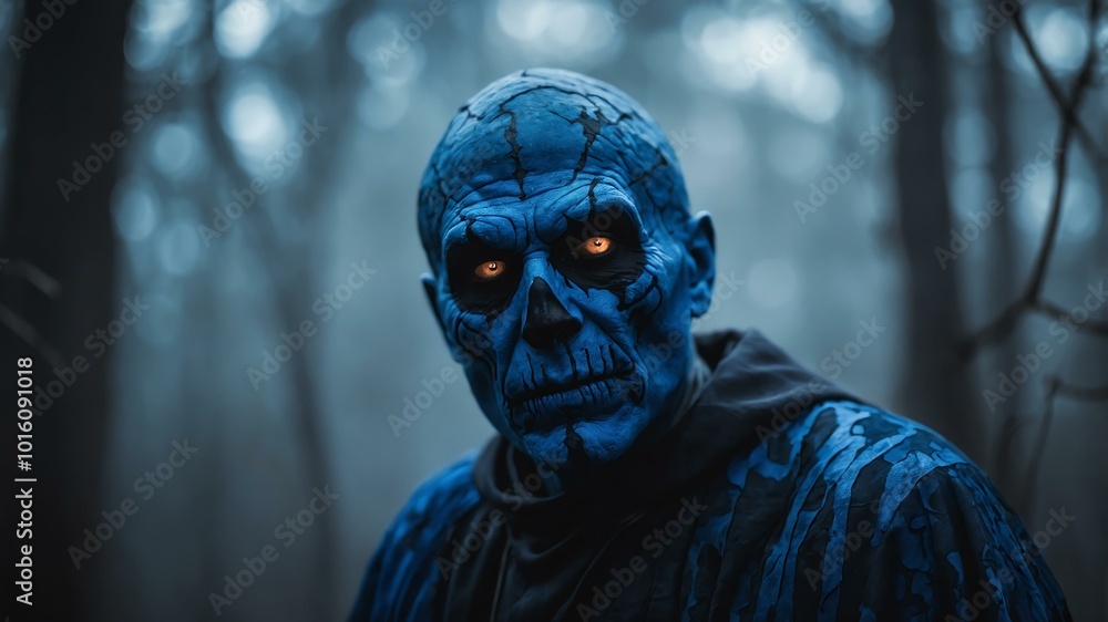 abstract eerie glowing blue closeup of a Halloween boogeyman on misty background abstract eerie glowing blue closeup of a Halloween boogeyman on misty background