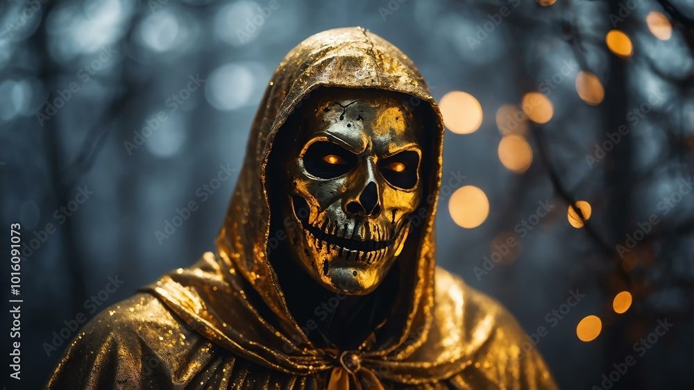 abstract eerie glowing gold closeup of a Halloween boogeyman on misty background abstract eerie glowing gold closeup of a Halloween boogeyman on misty background