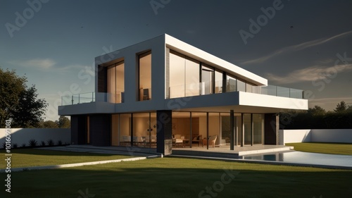 Modern white house with large windows and a pool in the backyard  at dusk.