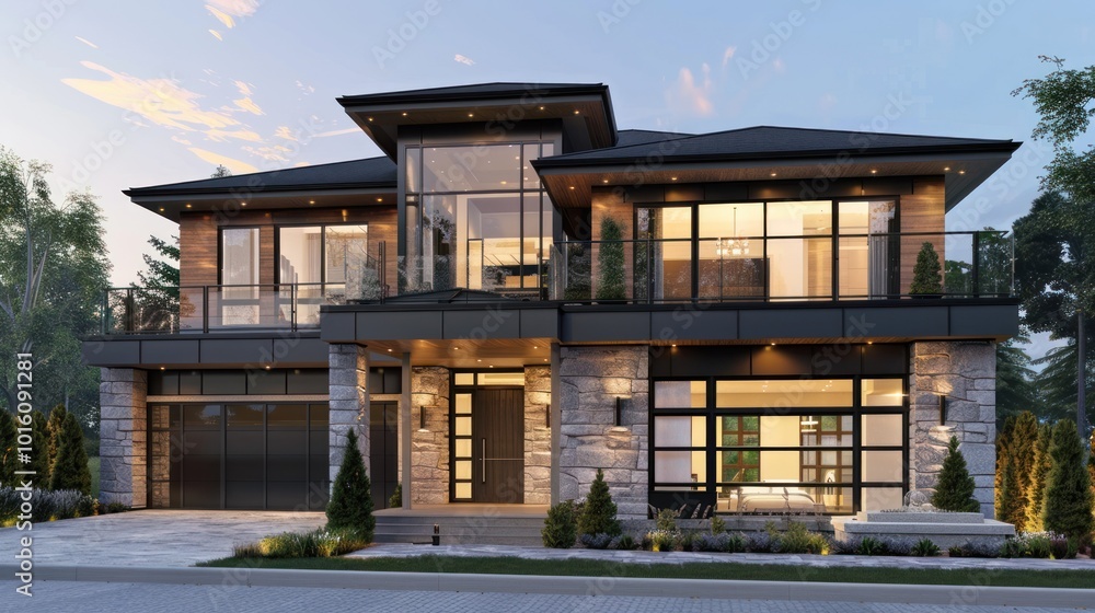 Modern two-story house with stone facade and a large glass window. Modern two-story house with stone facade and a large glass window.
