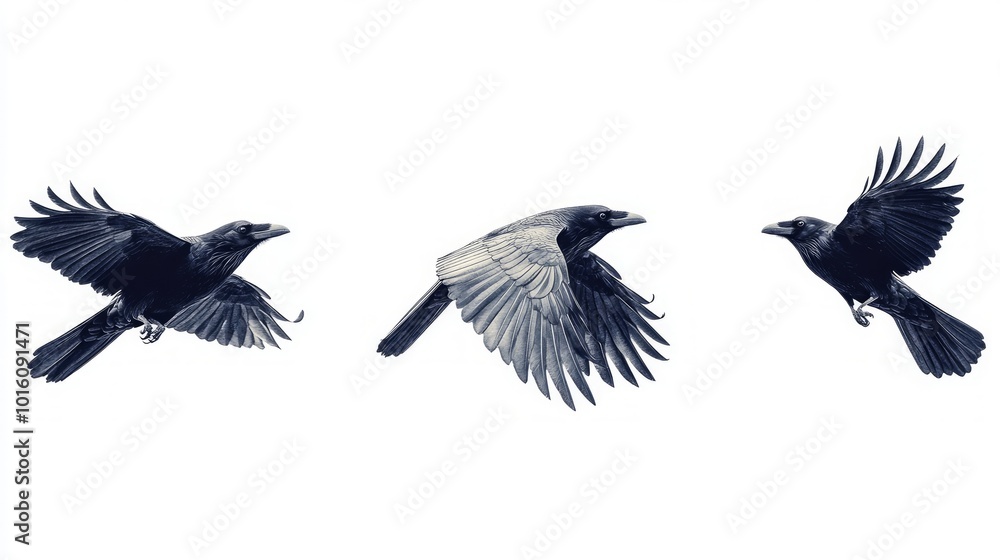 Three black crows in flight, isolated on a white background. Three black crows in flight, isolated on a white background.