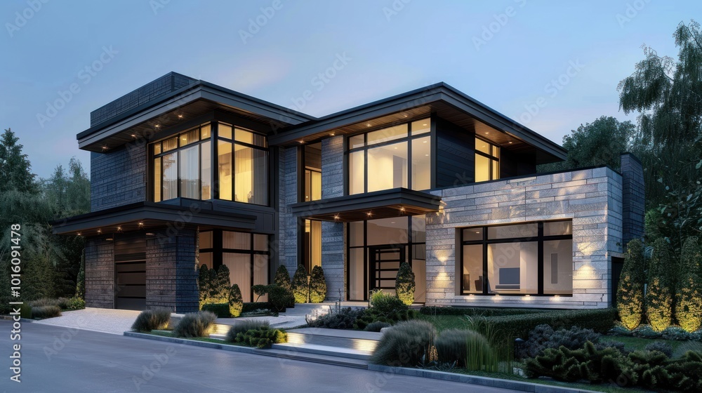 Fototapeta premium Modern Stone and Glass Home with Landscaped Yard at Dusk