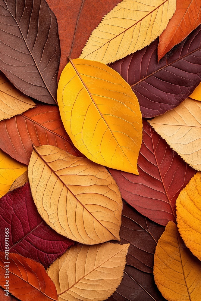 A close-up of various autumn leaves in vibrant colors including shades of yellow, red, orange, and brown, arranged in a layered pattern. A close-up of various autumn leaves in vibrant colors including shades of yellow, red, orange, and brown, arranged in a layered pattern.