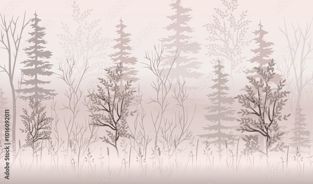 Obraz premium Wallpaper background, painted vector forest in powdery shades. Interior design. Forest. Mural for the walls.