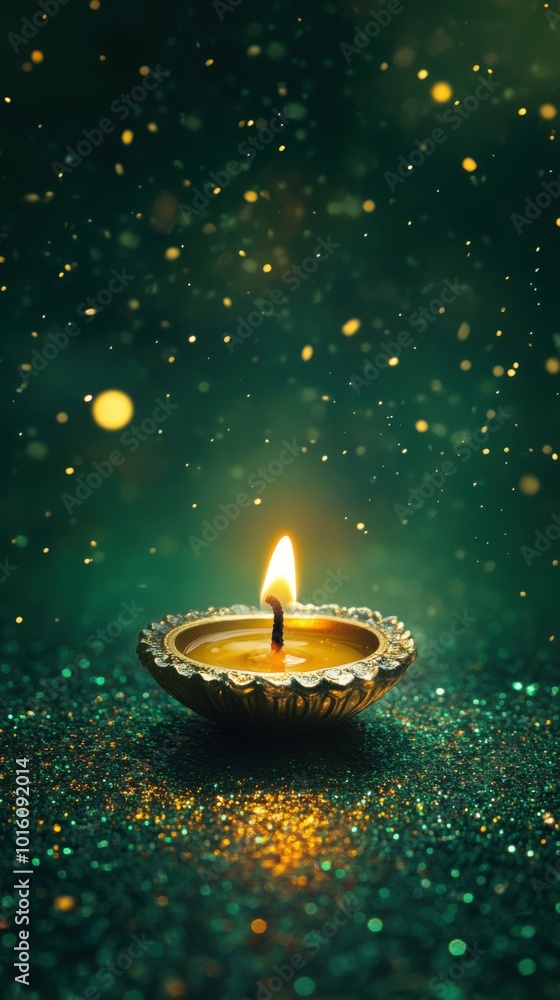 A single diya surrounded by sparkling crystal accents, with glitters and sparkles in air, on a rich emerald green background with subtle gold highlights, low level angle, copy space, happy Diwali A single diya surrounded by sparkling crystal accents, with glitters and sparkles in air, on a rich emerald green background with subtle gold highlights, low level angle, copy space, happy Diwali
