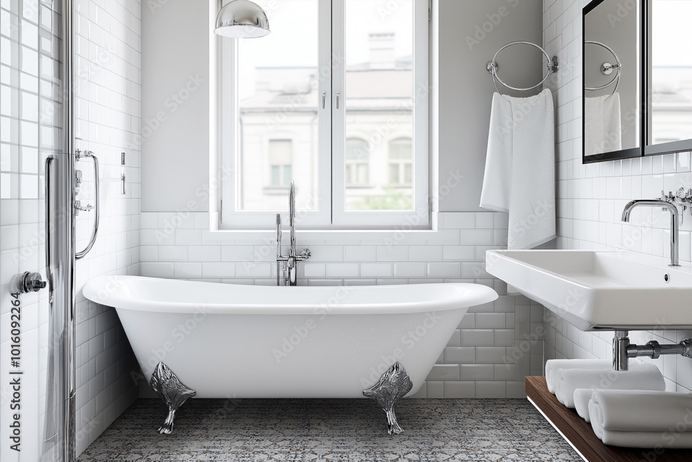 Modern bathroom with freestanding clawfoot bathtub, white subway tiles, large window, wall-mounted sink, towel ring, and sleek chrome fixtures. Modern bathroom with freestanding clawfoot bathtub, white subway tiles, large window, wall-mounted sink, towel ring, and sleek chrome fixtures.