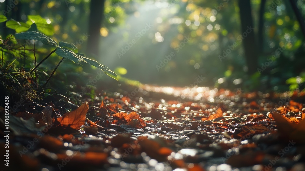 Obraz premium A serene pathway in the forest is adorned with vibrant autumn leaves illuminated by sunlight