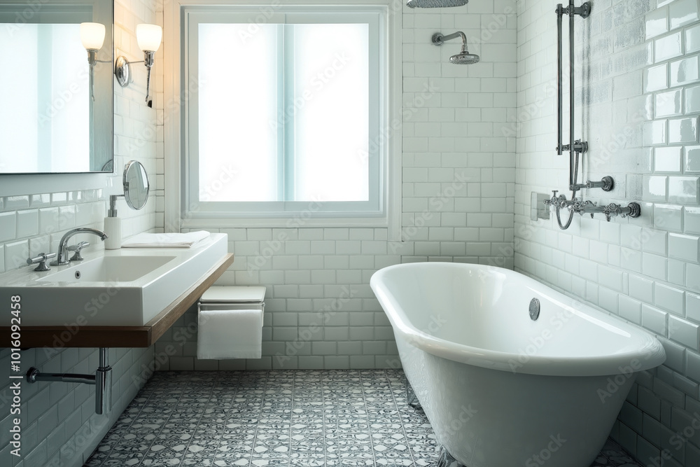 A modern bathroom with a freestanding bathtub, wall-mounted shower, rectangular sink, large mirror, tiled floor, and a window providing natural light. A modern bathroom with a freestanding bathtub, wall-mounted shower, rectangular sink, large mirror, tiled floor, and a window providing natural light.