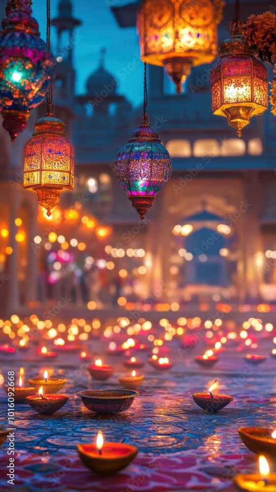 Bright, colorful lanterns hanging above a courtyard filled with glowing diyas, with a backdrop of a beautifully lit palace. Copy space, Indian traditional festival happy Diwali background Bright, colorful lanterns hanging above a courtyard filled with glowing diyas, with a backdrop of a beautifully lit palace. Copy space, Indian traditional festival happy Diwali background