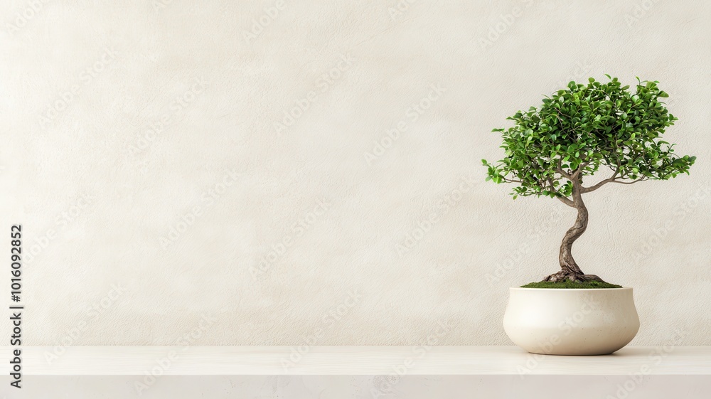 A serene image of a small bonsai tree placed on a minimalist desk A serene image of a small bonsai tree placed on a minimalist desk