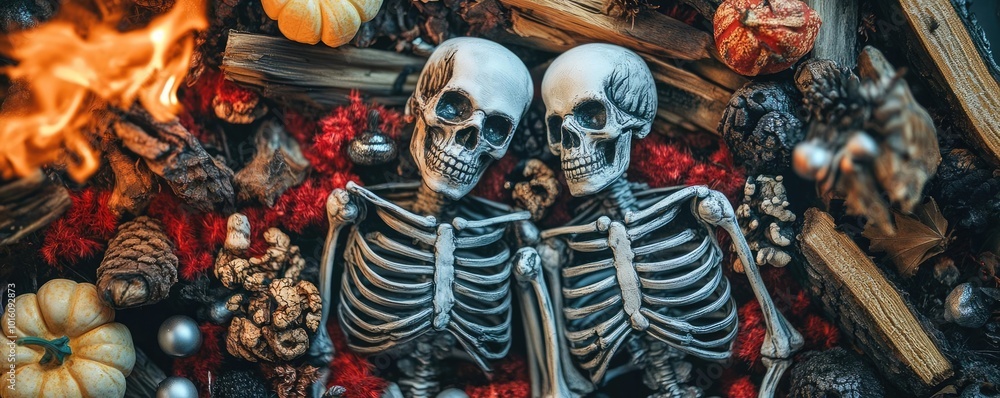 Fototapeta premium A festive Halloween scene featuring two skeletons surrounded by autumn decorations and fall-themed items.