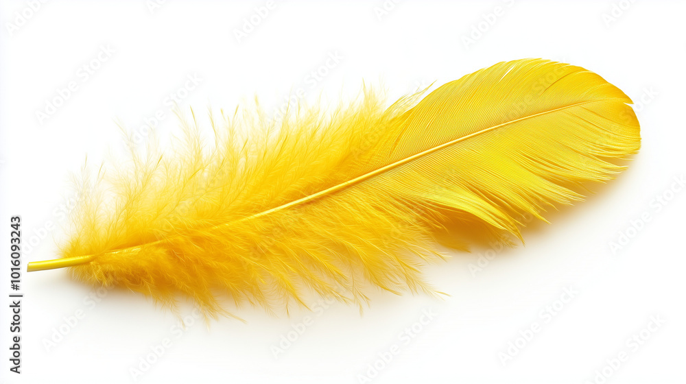 Fototapeta premium A bright yellow feather lies on a white background. It has a fluffy texture and a saturated color that stands out against the simple backdrop