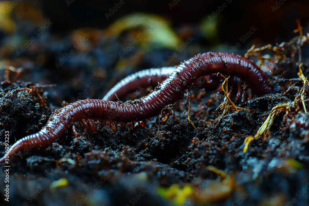 A close-up of a worm on rich, dark soil, highlighting its texture and environment.