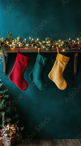 Colorful stockings hanging above a wooden table, with a deep teal background and sparkling holiday lights, copy space, Merry Christmas background, festive stocking display, seasonal home decor ad photo