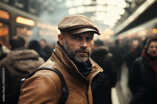 Ein Mann mit hellbrauner Lederjacke und Schirmmütze steht auf einem geschäftigen Bahnsteig an einem kühlen Morgen photo