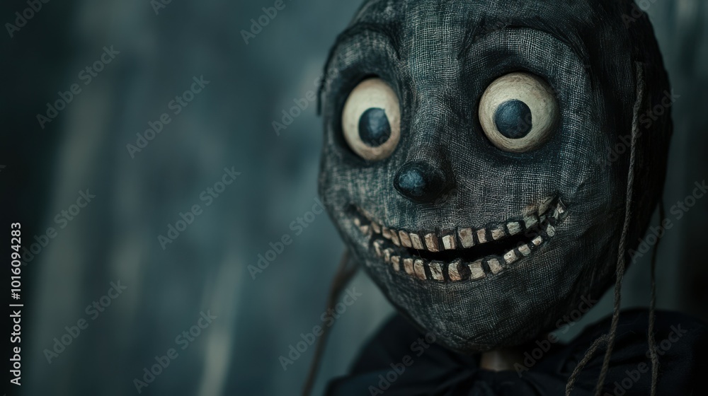 Detailed view of a creepy, old-fashioned puppet with a sinister expression, set against a dark, textured background with soft, dramatic lighting, Copy space, happy Halloween special background Detailed view of a creepy, old-fashioned puppet with a sinister expression, set against a dark, textured background with soft, dramatic lighting, Copy space, happy Halloween special background
