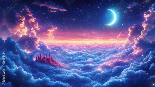 A breathtaking sunset over a mystical castle nestled among vibrant clouds in a dreamlike celestial realm
