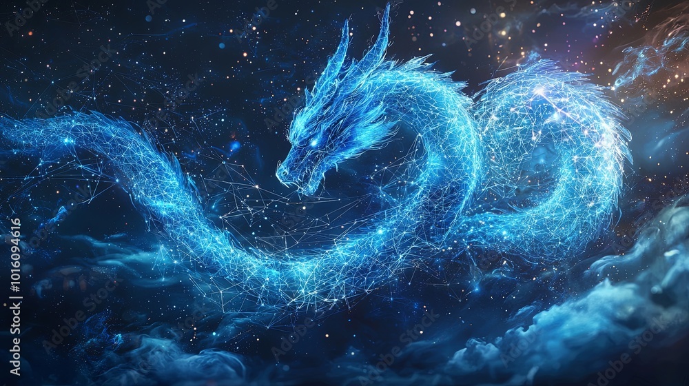 A vibrant digital blue serpent-like dragon glides magically through a ...