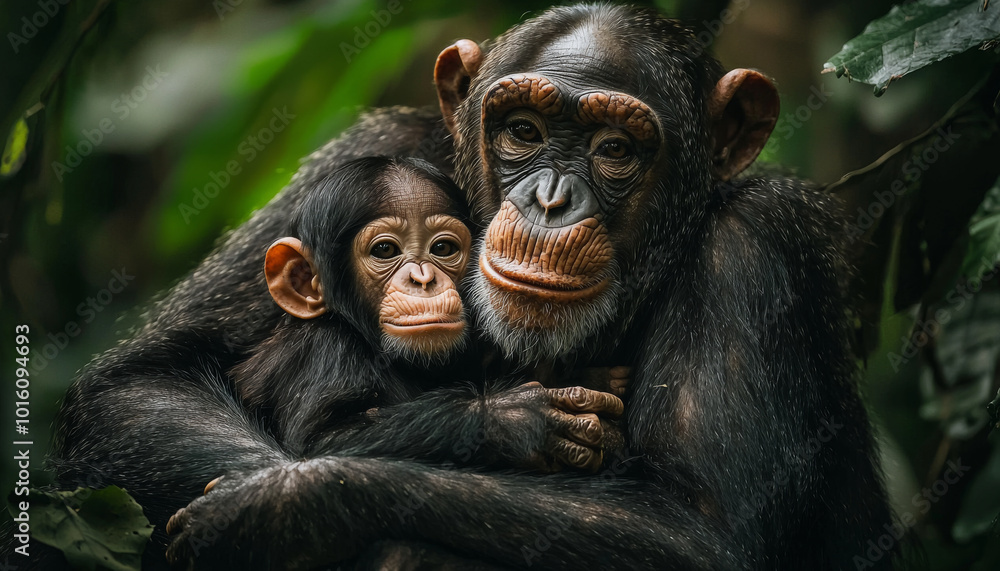 Naklejka premium A tender moment between a mother chimpanzee and her baby, showcasing their bond in a lush, green environment.