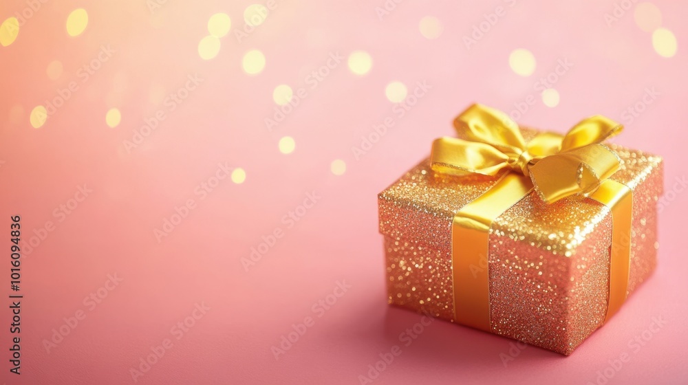 Festive gift box wrapped in gold, placed on a coral pink backdrop with soft light accents, copy space, happy Diwali background, traditional, Indian festival Festive gift box wrapped in gold, placed on a coral pink backdrop with soft light accents, copy space, happy Diwali background, traditional, Indian festival