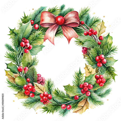 Retro Christmas wreath in watercolor design isolated on transparent backgroundPNG photo