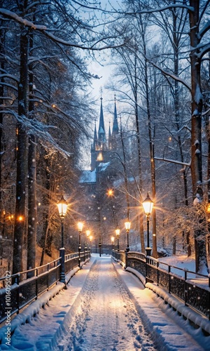 street in the night, winter road to the castle