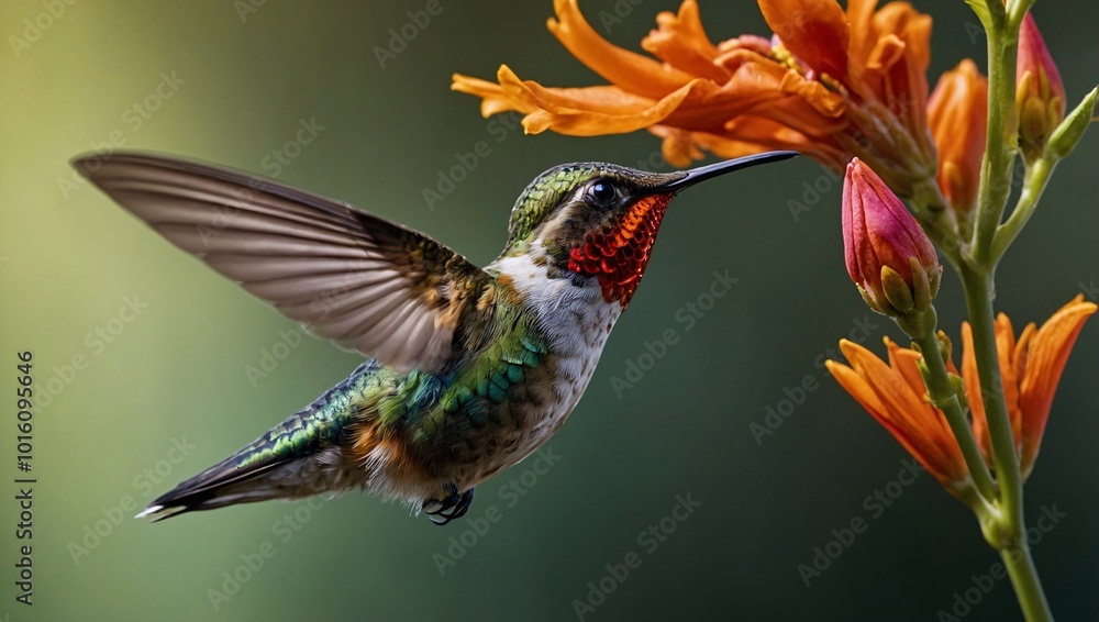 Obraz premium A vibrant hummingbird hovering near a bright orange flower, showcasing its colorful feathers and intricate details, in a beautiful natural setting with soft lighting
