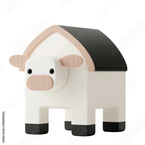 Cute wooden toy cow with a house in a playful design, white isolate background. photo