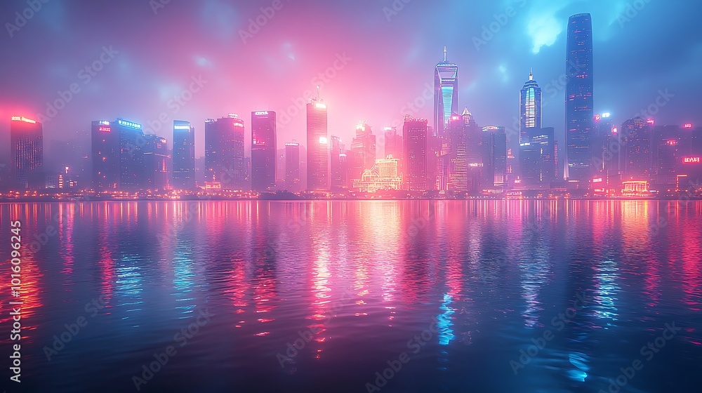 A modern city skyline with glowing lights reflected in a calm body of water, creating a stunning, futuristic aesthetic. A modern city skyline with glowing lights reflected in a calm body of water, creating a stunning, futuristic aesthetic.