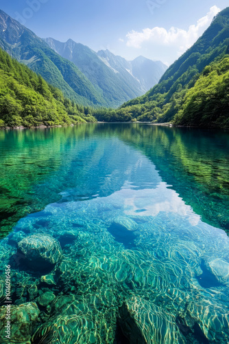 A stunning view of a crystal-clear alpine lake with vibrant turquoise water, surrounded by lush green mountains under a bright blue sky