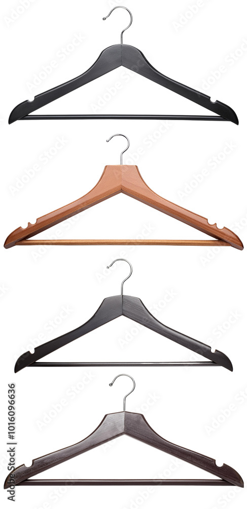 Four stylish hangers displayed on a white isolated background, showcasing different materials and designs.